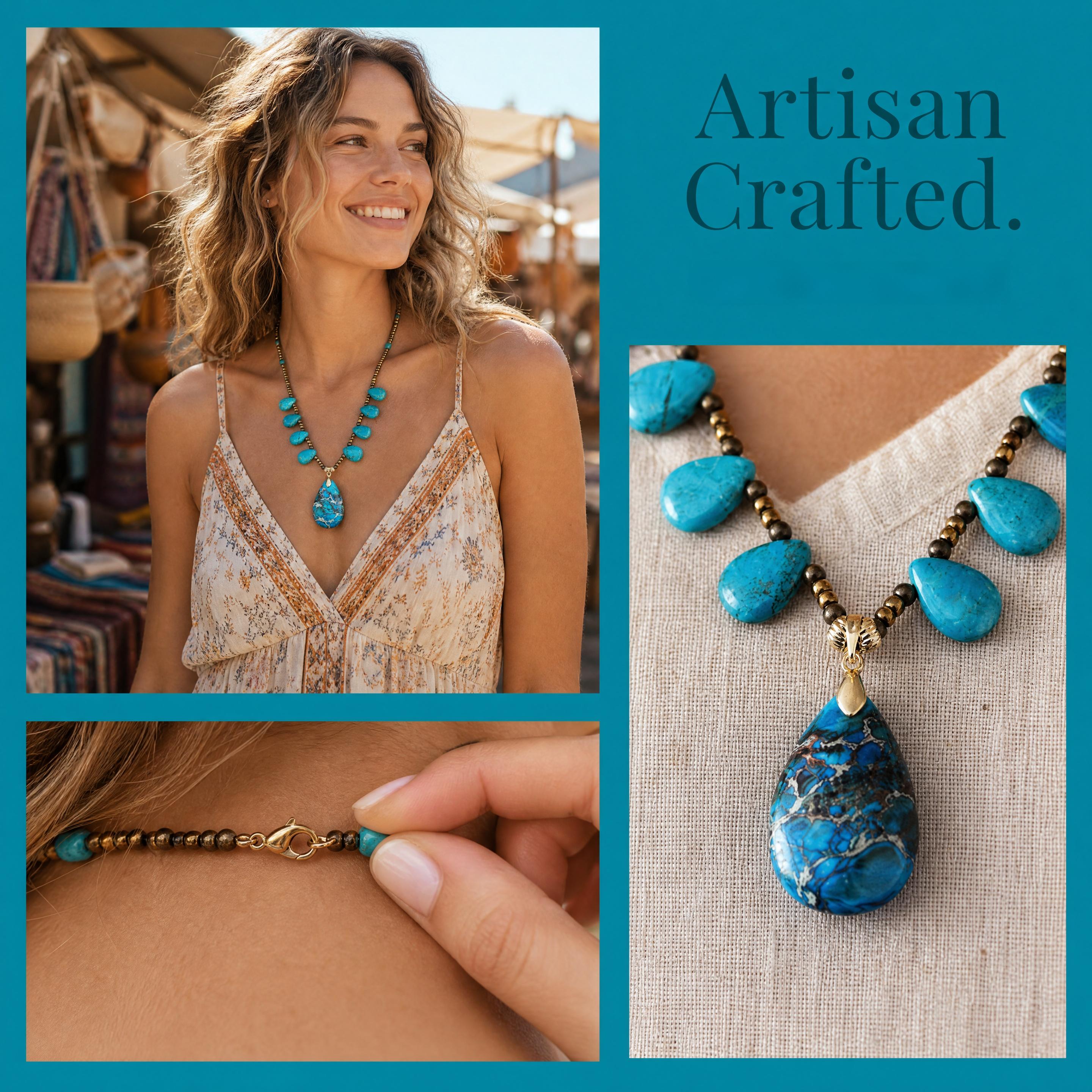 Handcrafted Turquoise-Tone water drop Pendant Necklace