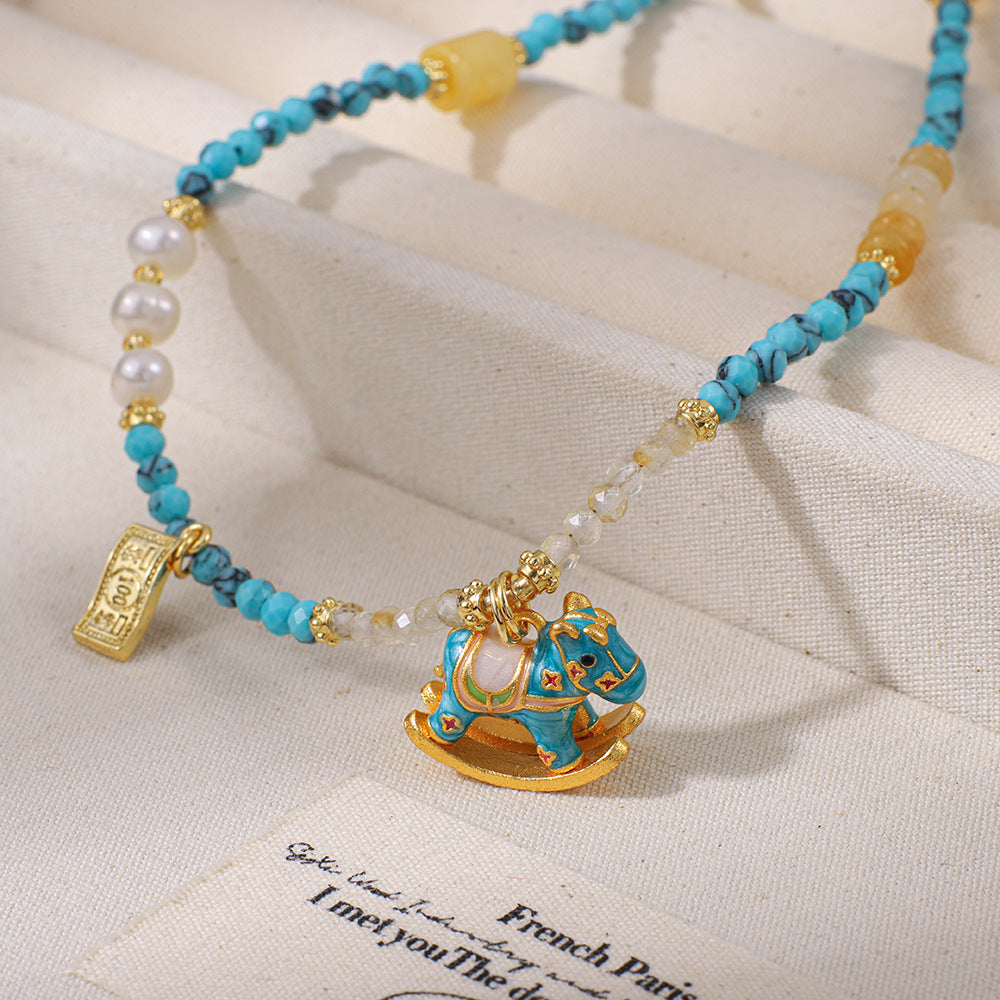 Handcrafted Turquoise Necklace with Enamel  Horse Pendant