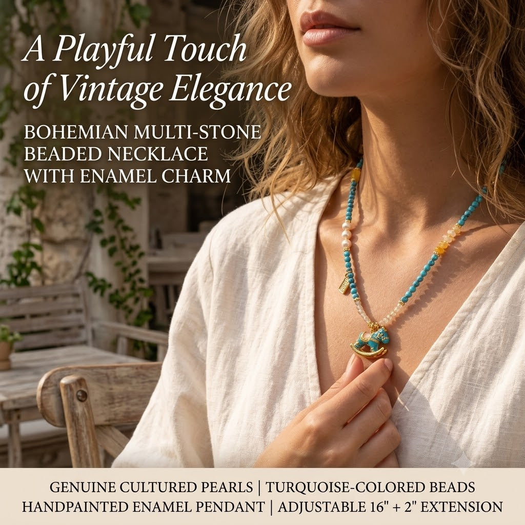 Handcrafted Turquoise Necklace with Enamel  Horse Pendant