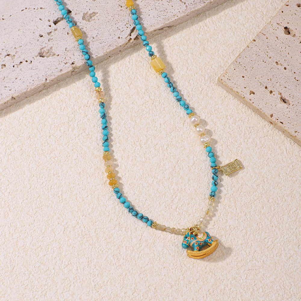 Handcrafted Turquoise Necklace with Enamel  Horse Pendant