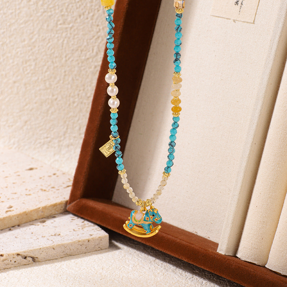 Handcrafted Turquoise Necklace with Enamel  Horse Pendant