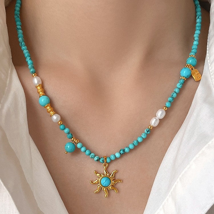 Boho Handmade Turquoise Sunflower Necklace for Women