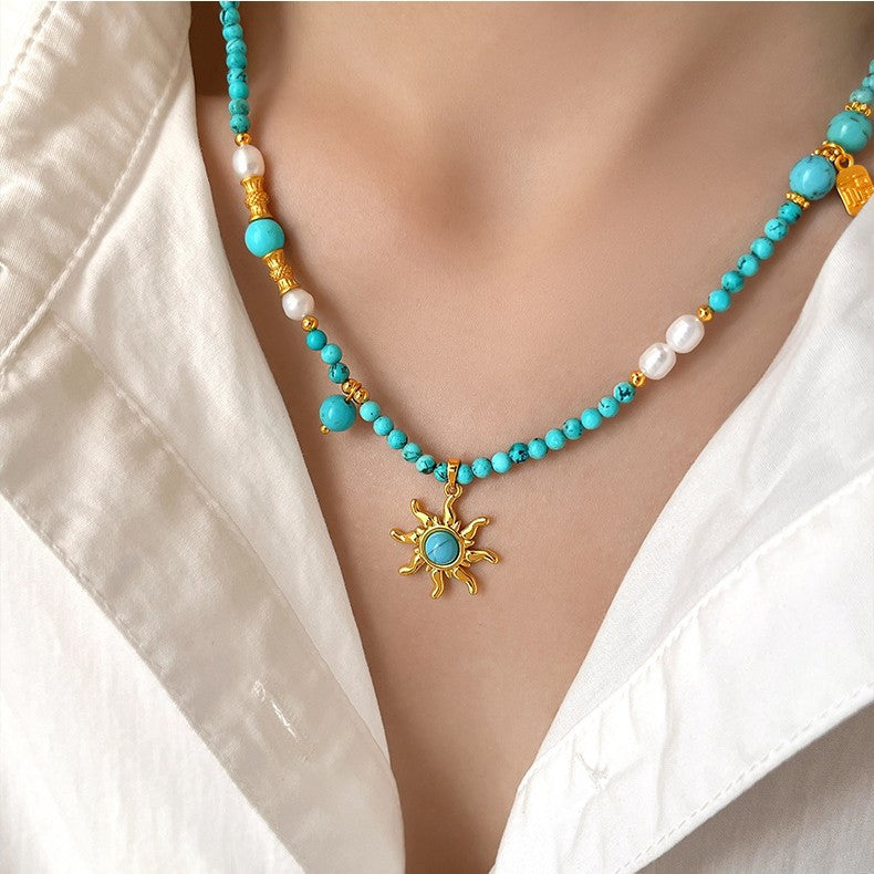 Boho Handmade Turquoise Sunflower Necklace for Women