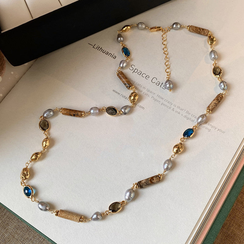 Maillard Wooden Natural Pearl Necklace Colored Zirconium Metal Clavicle Necklace