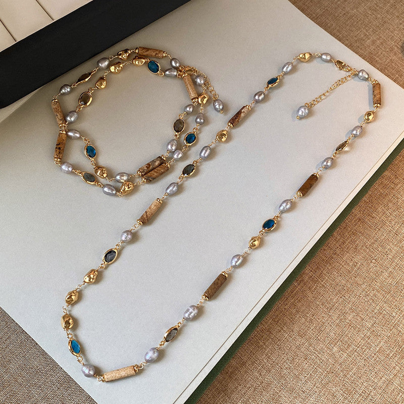 Maillard Wooden Natural Pearl Necklace Colored Zirconium Metal Clavicle Necklace