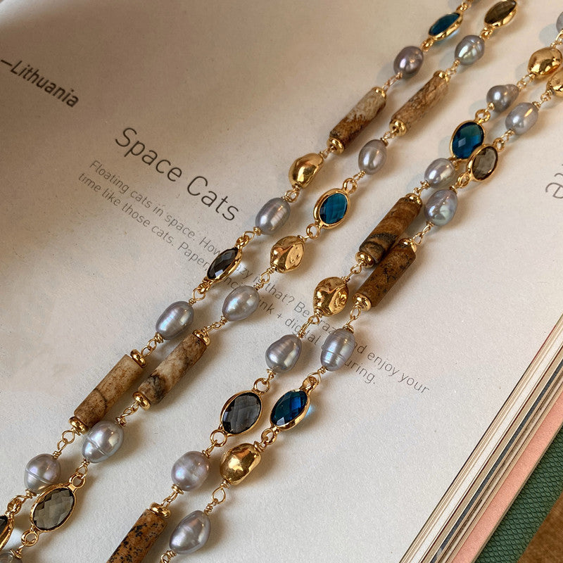 Maillard Wooden Natural Pearl Necklace Colored Zirconium Metal Clavicle Necklace