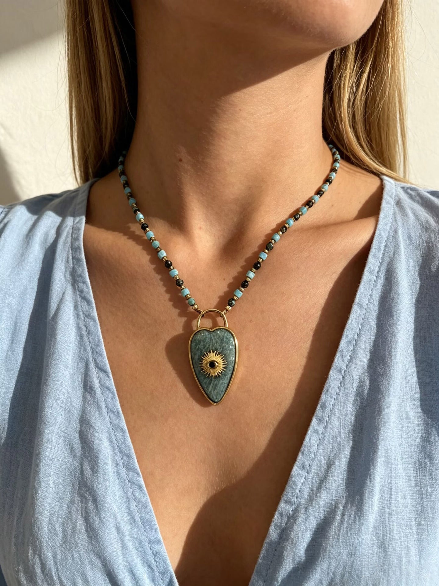 Natural Amazonite Evil Eye Pendant Necklace