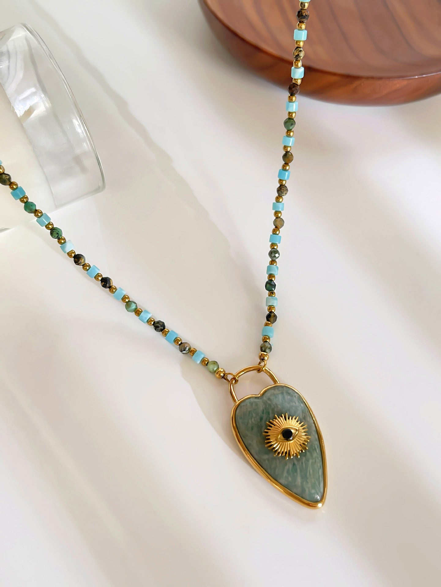 Natural Amazonite Evil Eye Pendant Necklace