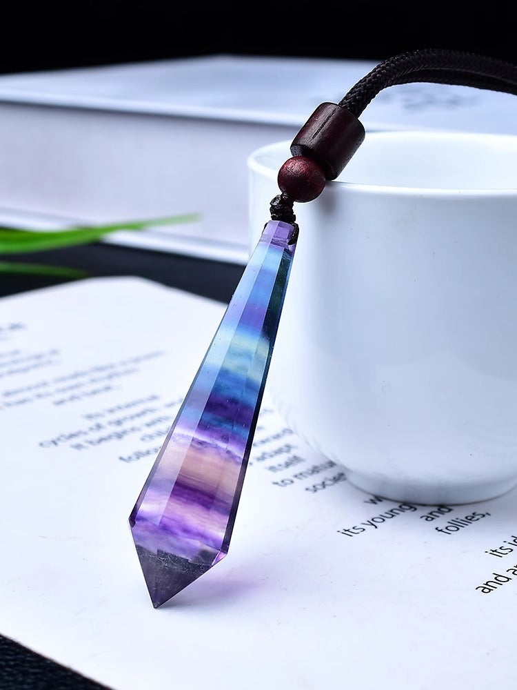 Natural rainbow fluorite double terminated crystal pendant necklace