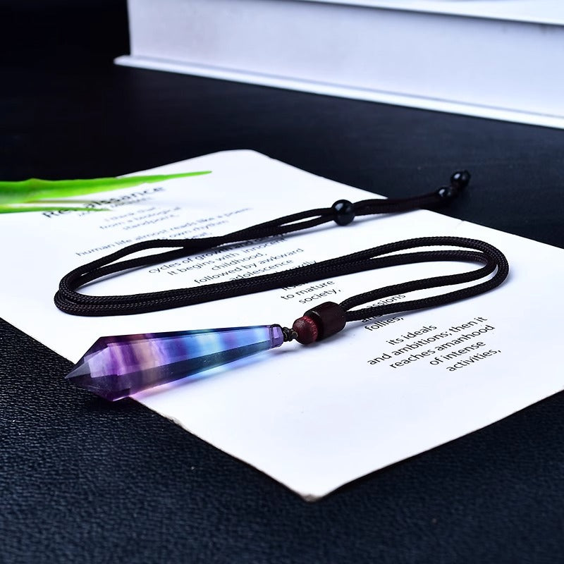 Natural rainbow fluorite double terminated crystal pendant necklace