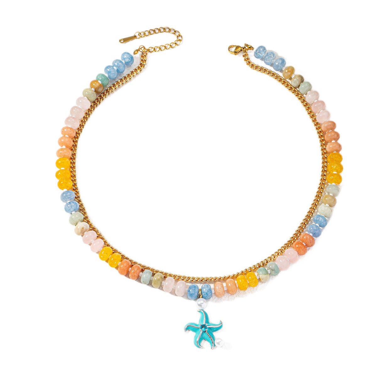 Rainbow Beaded & Gold Chain Starfish Necklace