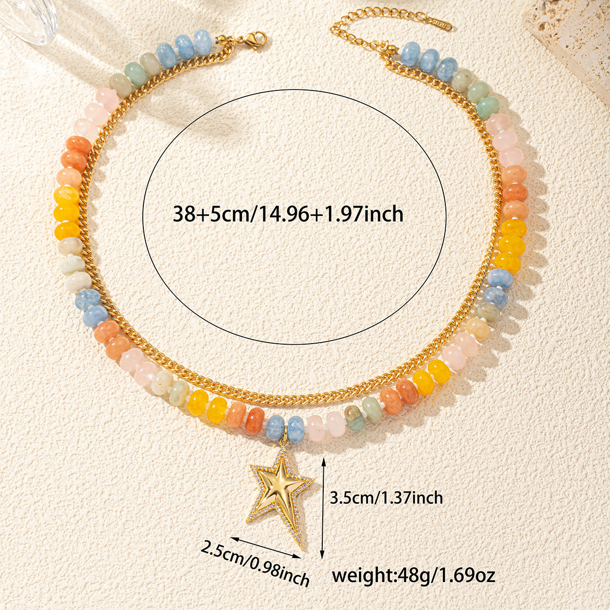 Rainbow Beaded & Gold Chain Star Necklace