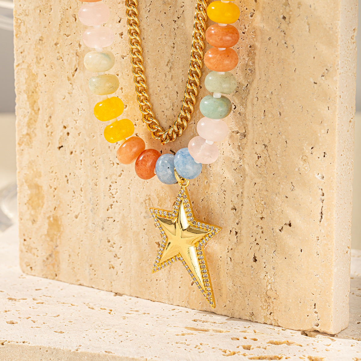 Rainbow Beaded & Gold Chain Star Necklace