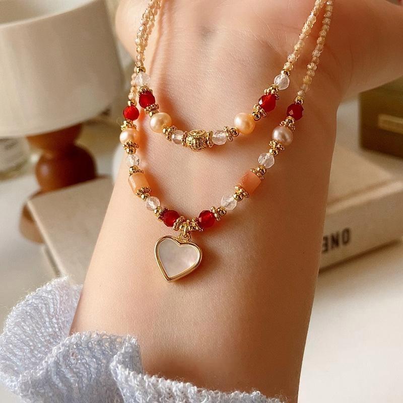 Natural Double Layer Mother of Pearl Heart Pendant Choker