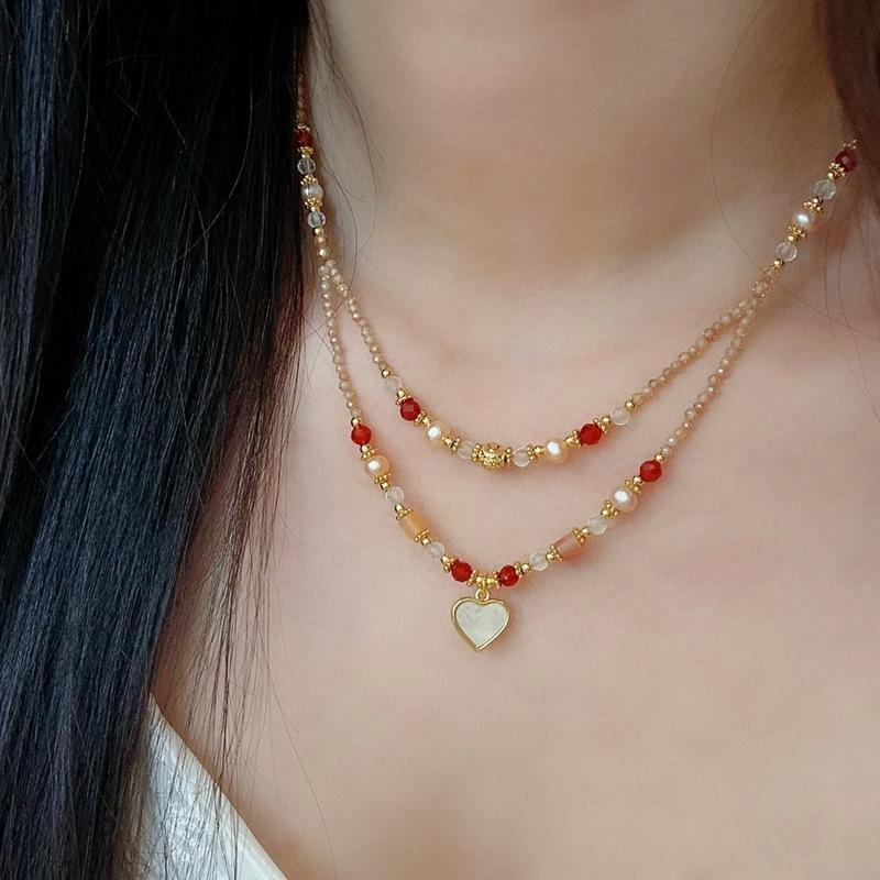 Natural Double Layer Mother of Pearl Heart Pendant Choker