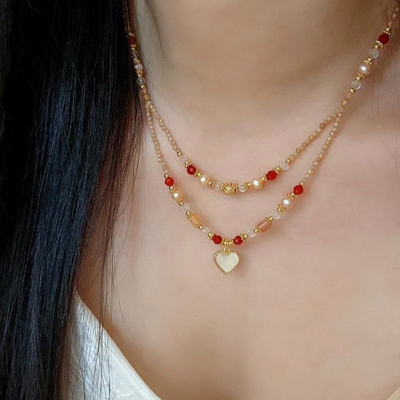 Natural Double Layer Mother of Pearl Heart Pendant Choker