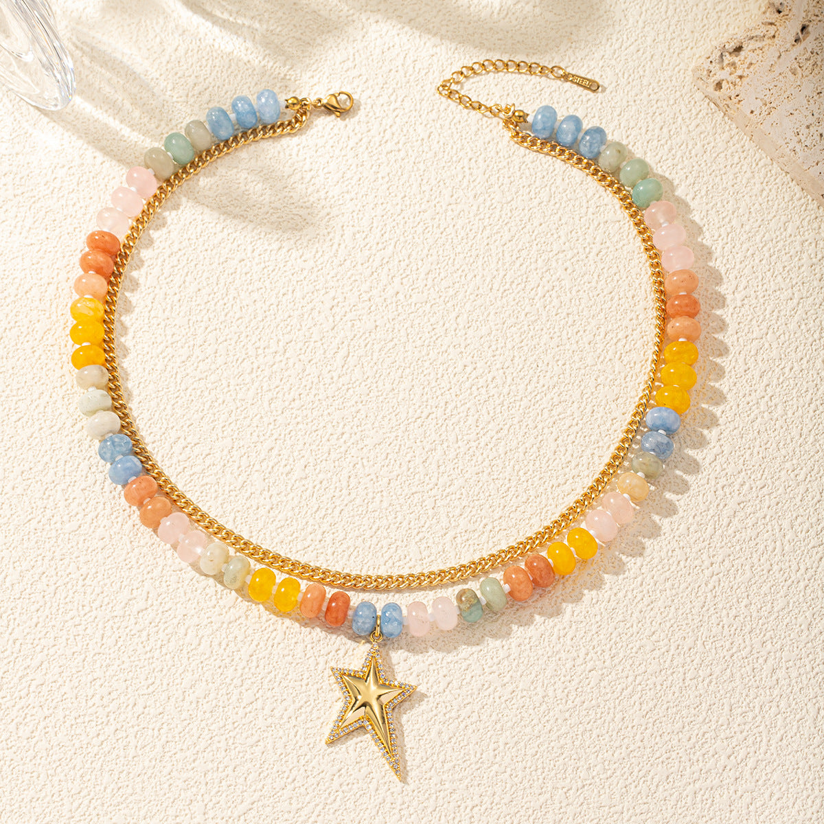 Rainbow Beaded & Gold Chain Star Necklace