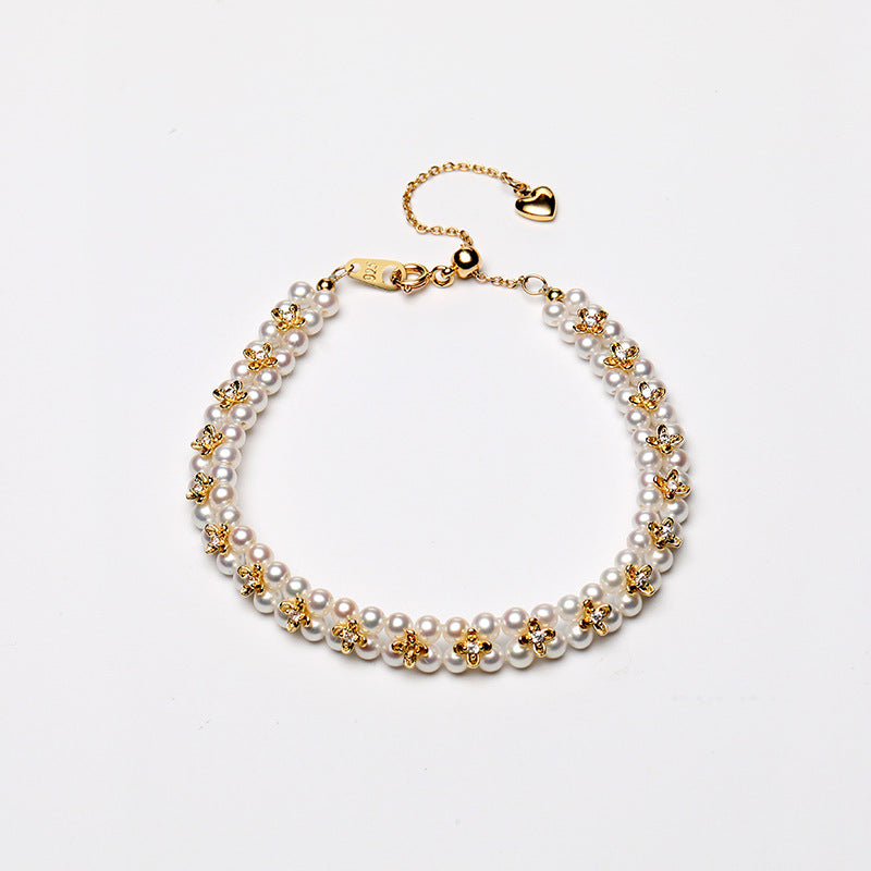 Handcrafted  Freshwater Pearl  18K Gold Plated Osmanthus Floral Braided Pearl Choker Necklace & Bracelet Set