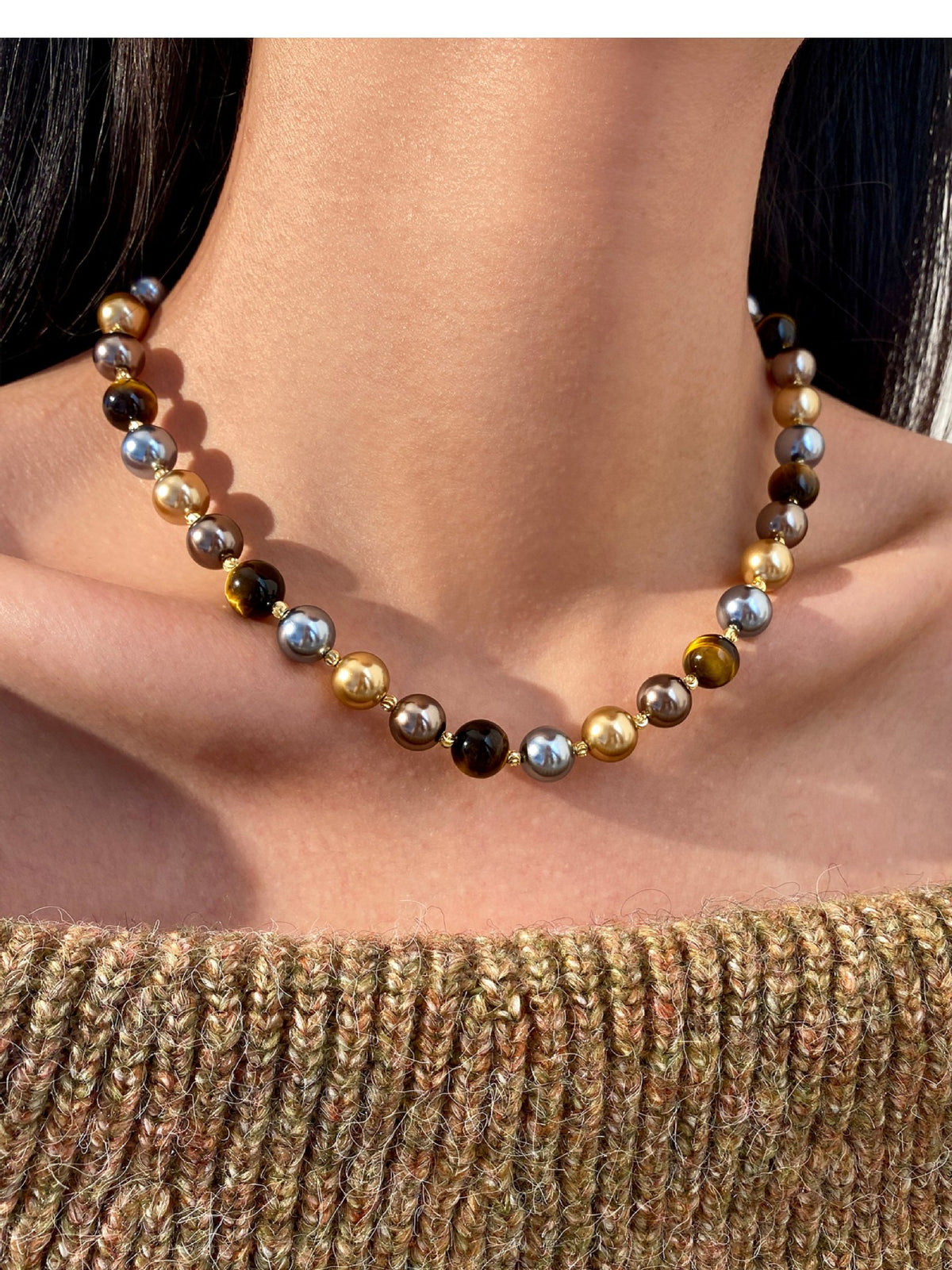 Natural Tiger Eye Stone & Multi-Color Pearl Necklace and Bracelet Jewelry Set 
