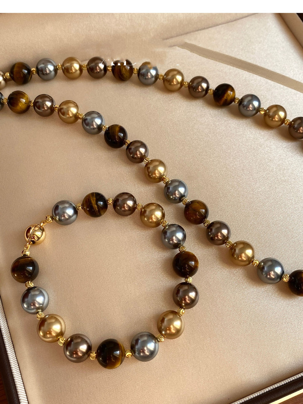 Natural Tiger Eye Stone & Multi-Color Pearl Necklace and Bracelet Jewelry Set 