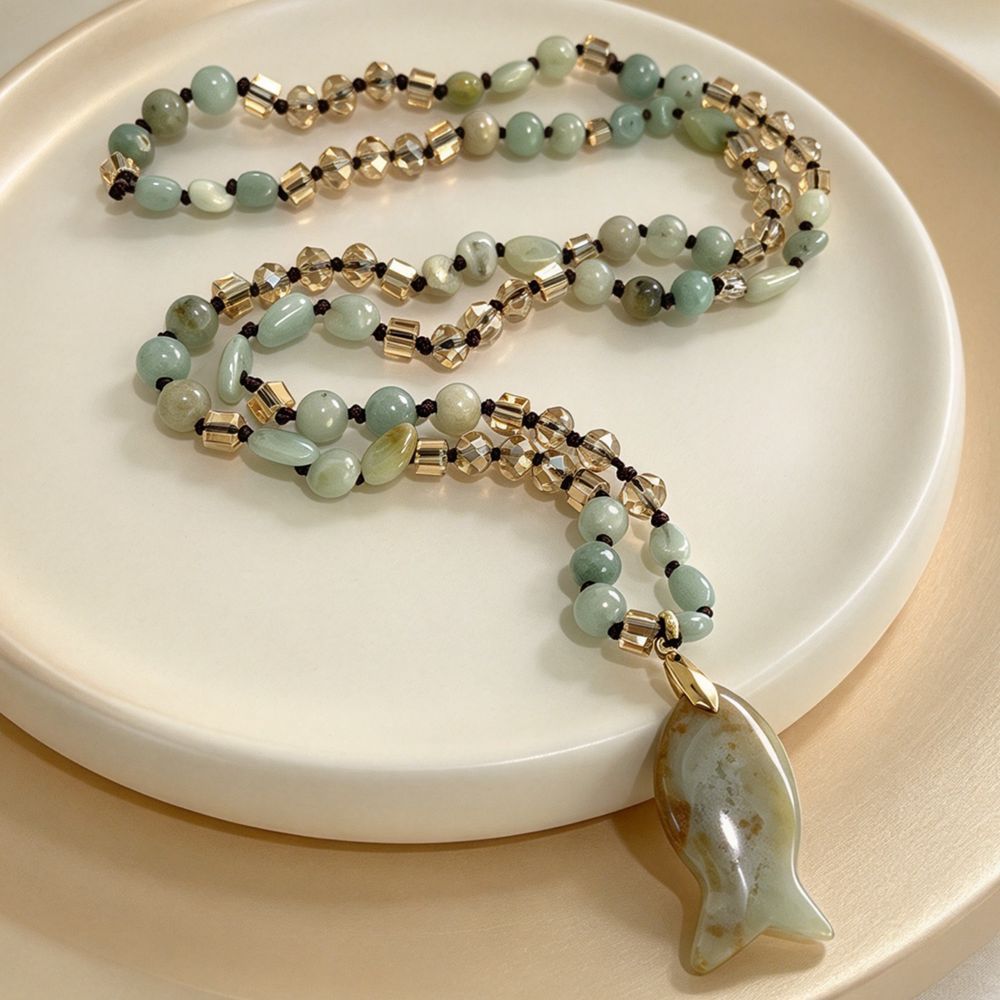 Natural Green Jade Fish Pendant Long Beaded Necklace