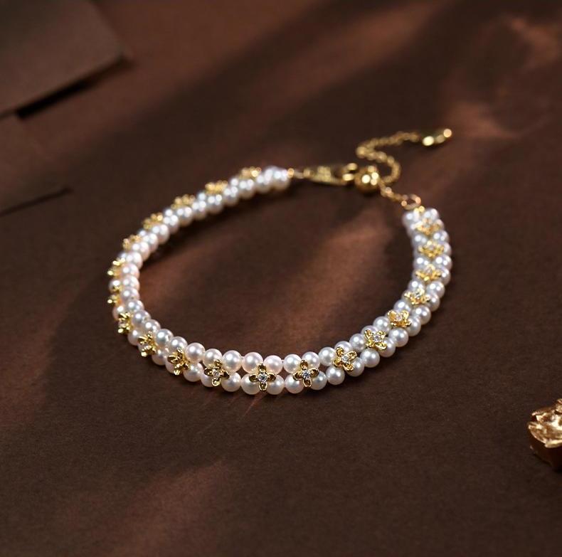 Handcrafted  Freshwater Pearl  18K Gold Plated Osmanthus Floral Braided Pearl Choker Necklace & Bracelet Set