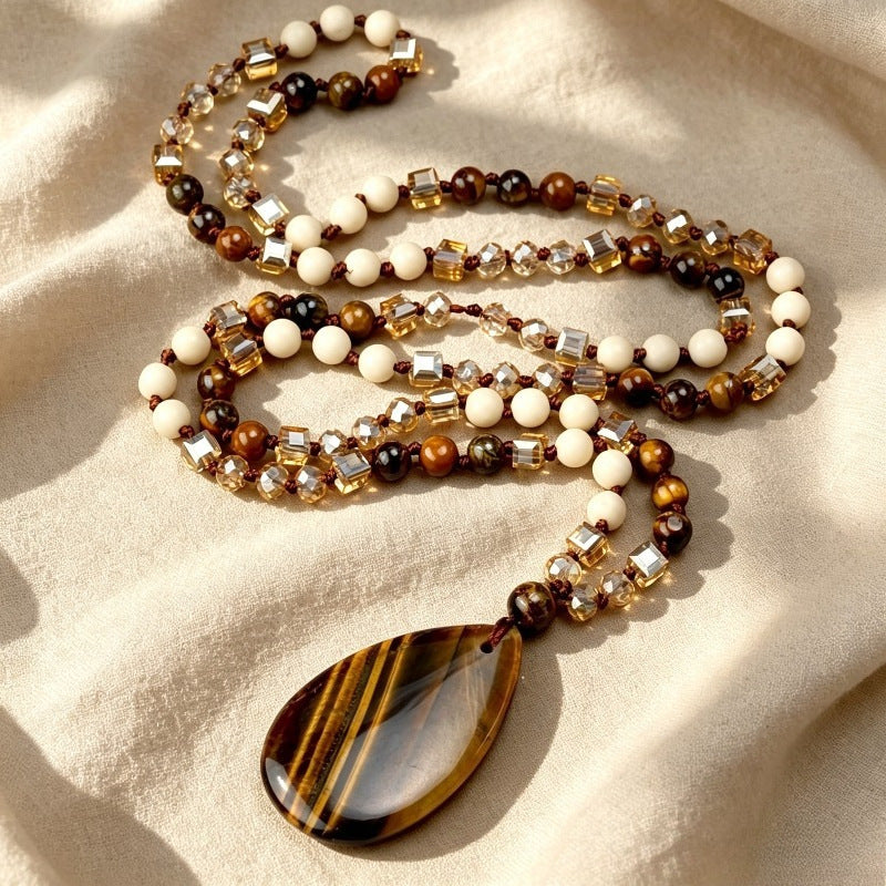 Natural Tiger Eye Stone Teardrop Pendant Necklace