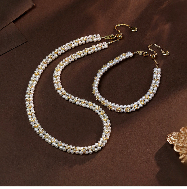 Handcrafted  Freshwater Pearl  18K Gold Plated Osmanthus Floral Braided Pearl Choker Necklace & Bracelet Set