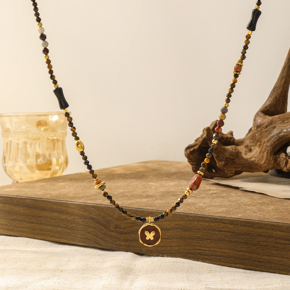 Natural Stone Beaded Necklace for women  Butterfly Pendant Choker