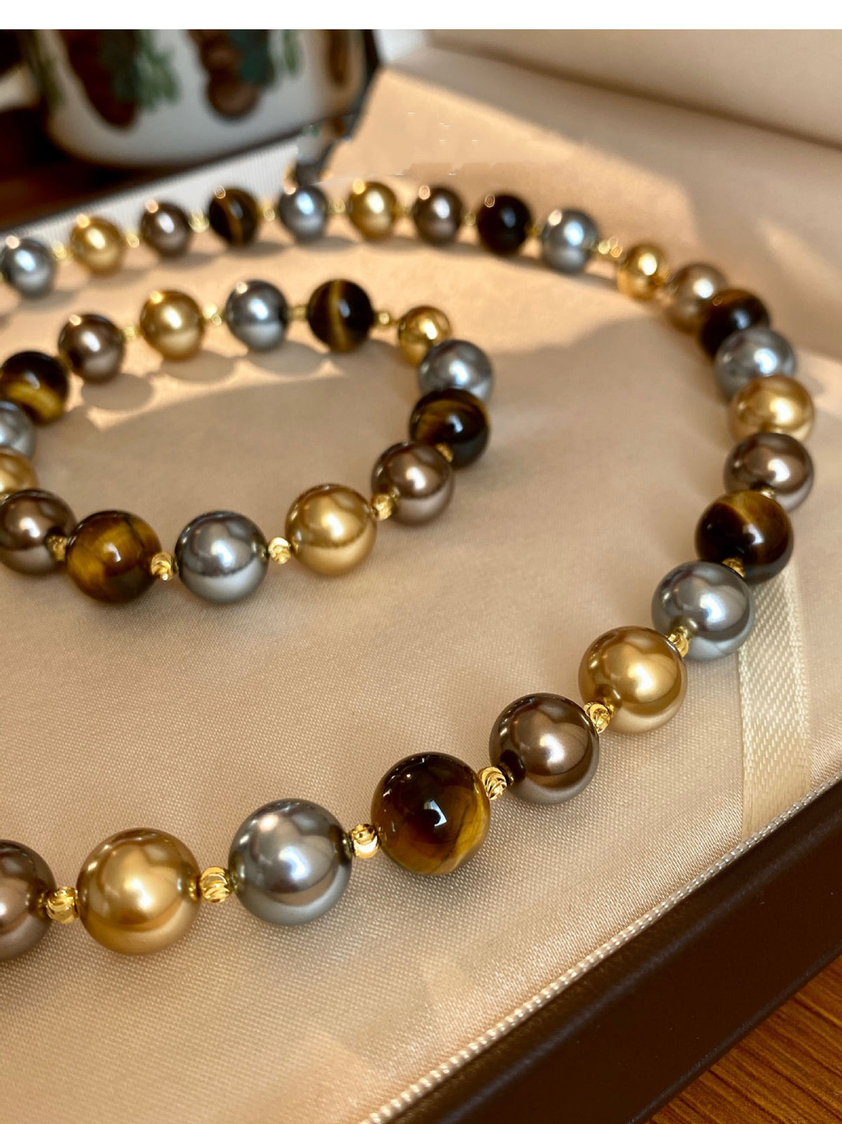 Natural Tiger Eye Stone & Multi-Color Pearl Necklace and Bracelet Jewelry Set 