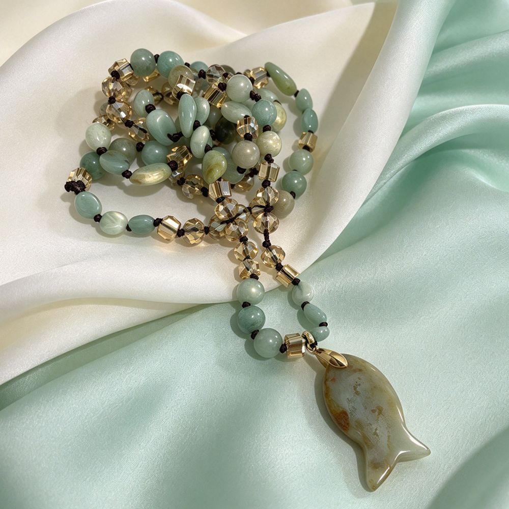 Natural Green Jade Fish Pendant Long Beaded Necklace