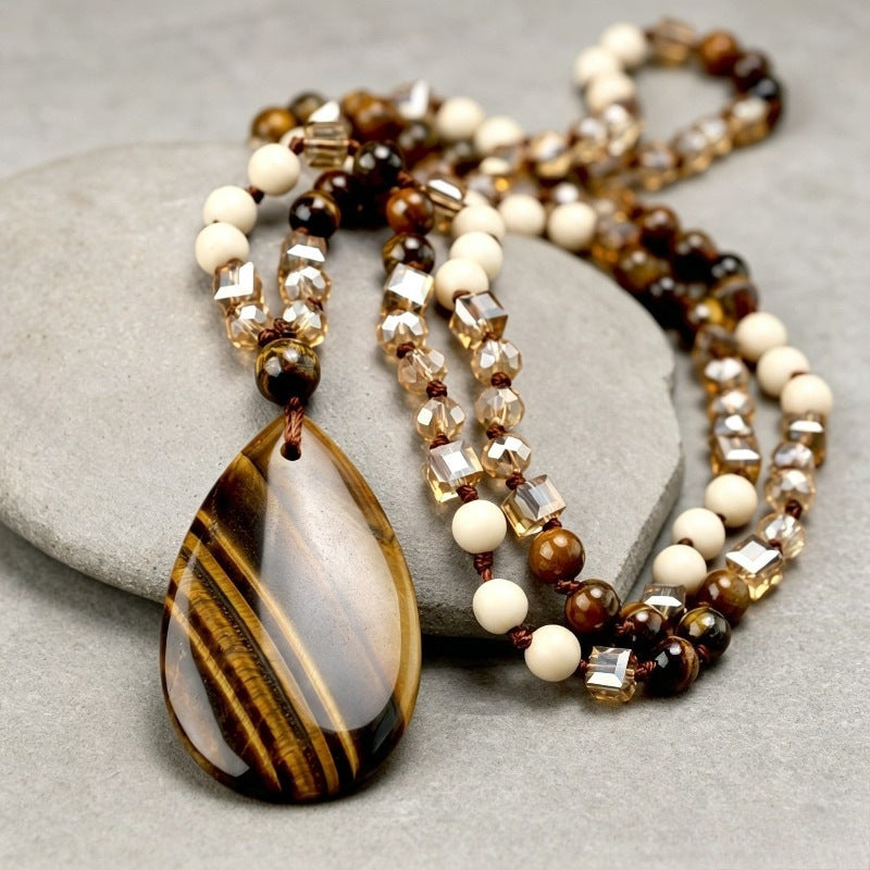 Natural Tiger Eye Stone Teardrop Pendant Necklace