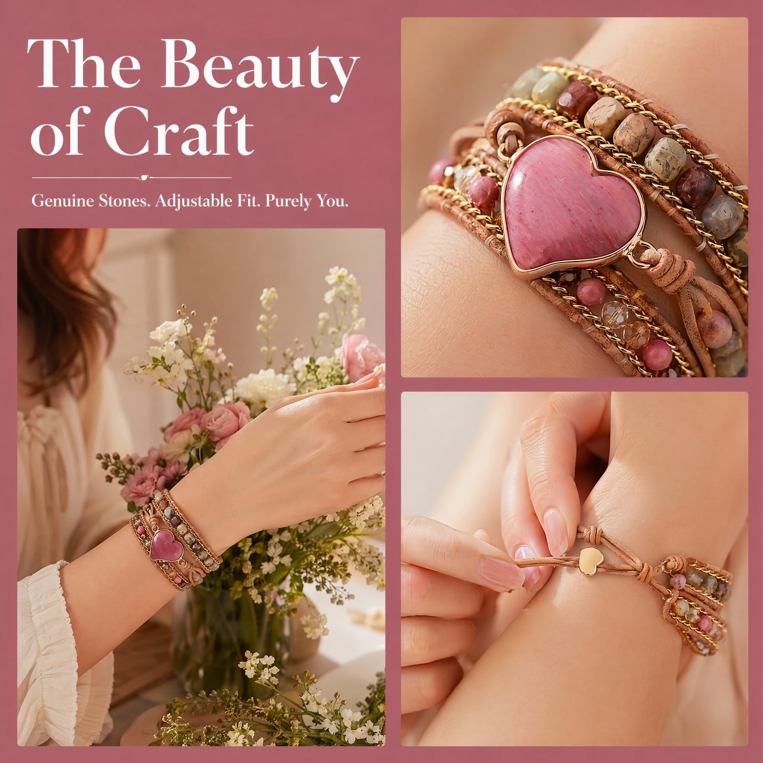 Handicrafts Natural Pink Gemstone Heart Wrap Bracelet