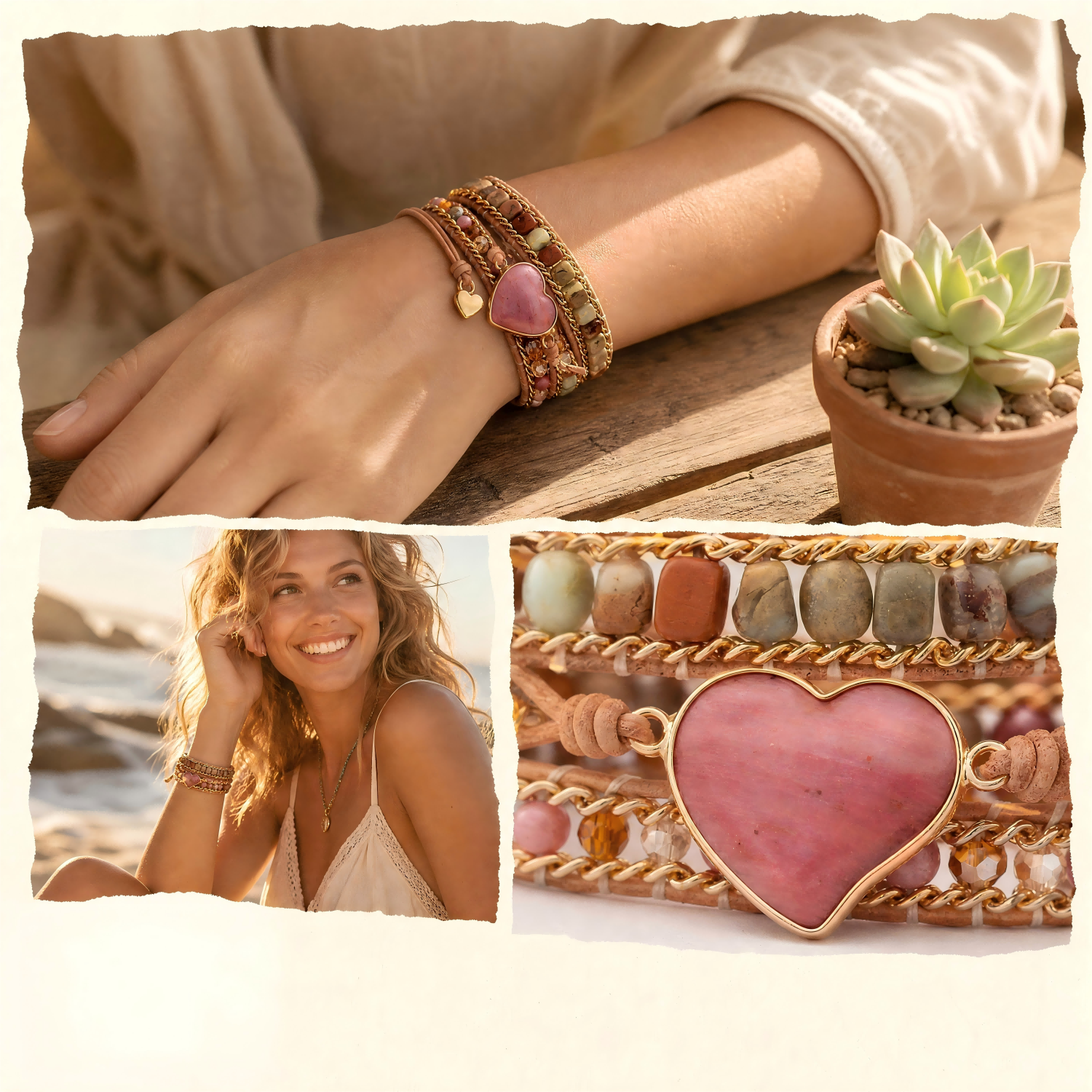 Handicrafts Natural Pink Gemstone Heart Wrap Bracelet