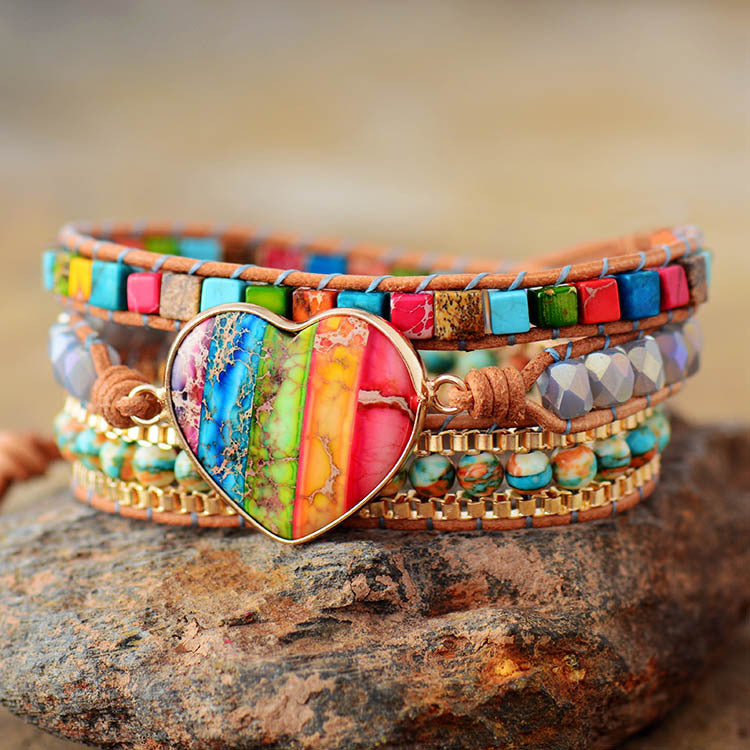 Handmade Rainbow Heart Wrap Bracelet