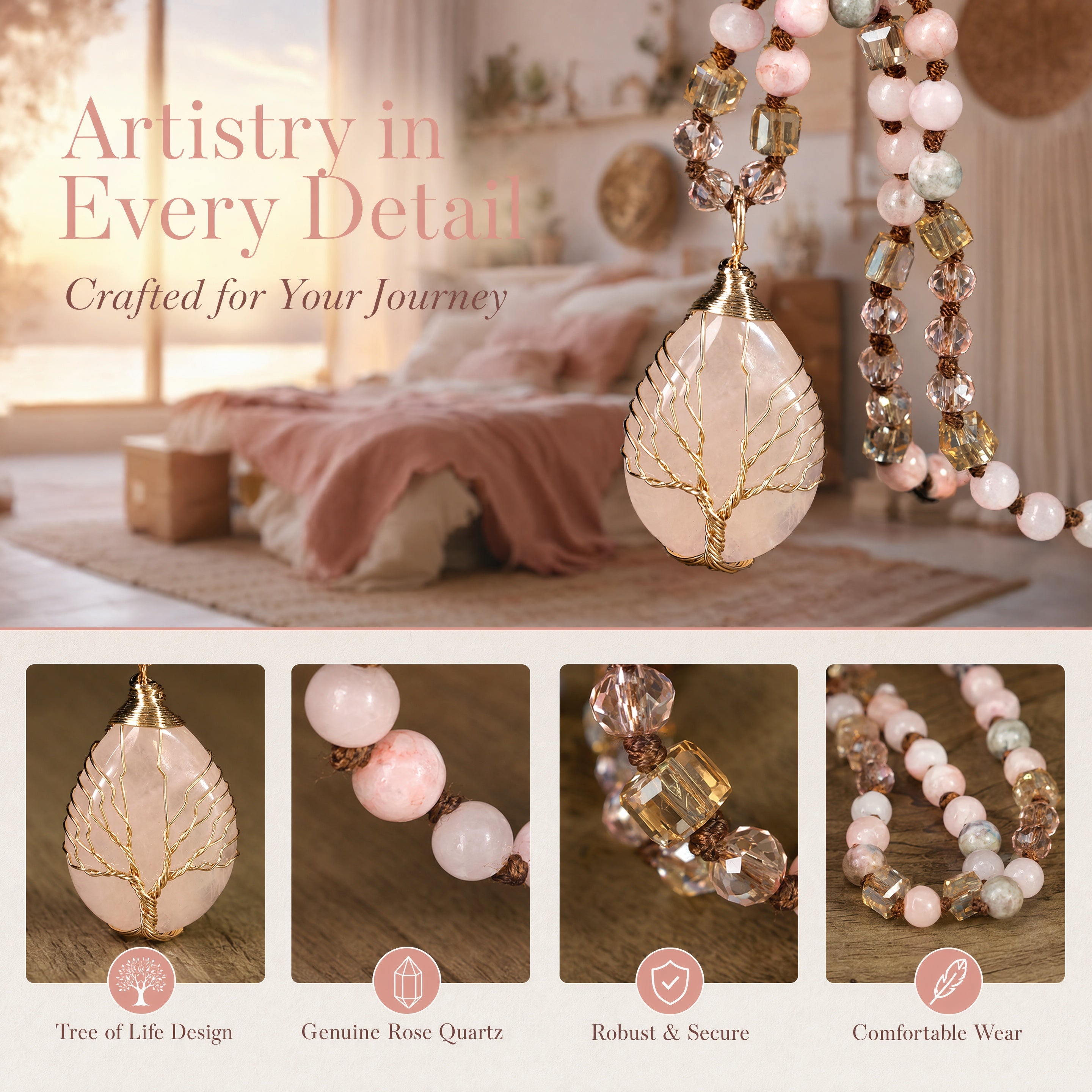 Rose Quartz Natural Tree of Life Pendant Necklace
