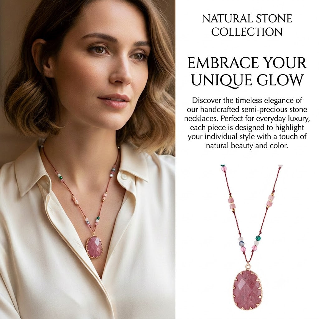 Handmade Boho Pink Natural Stone Pendant Necklace