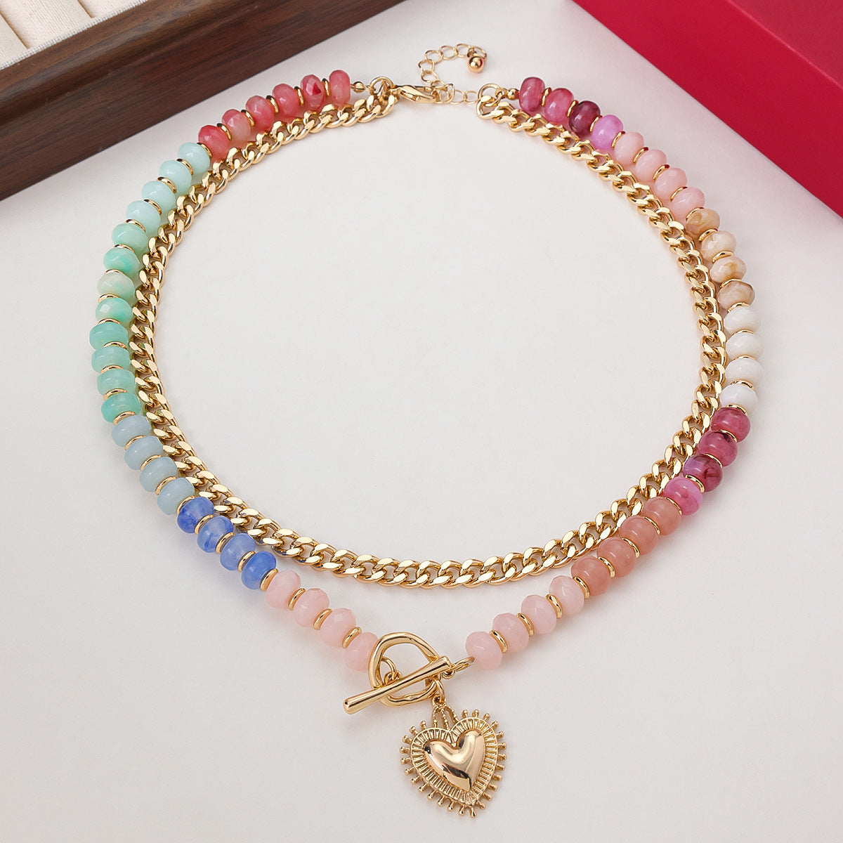 Rainbow Beaded & Gold Chain Heart Necklace