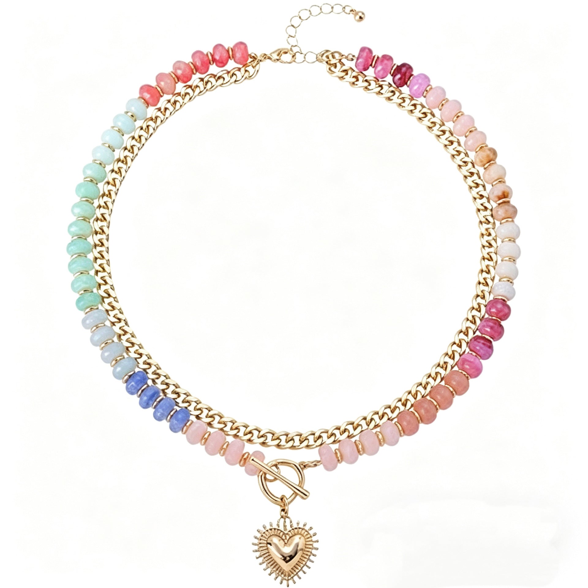 Rainbow Beaded & Gold Chain Heart Necklace