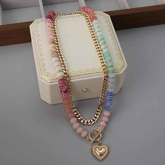 Rainbow Beaded & Gold Chain Heart Necklace