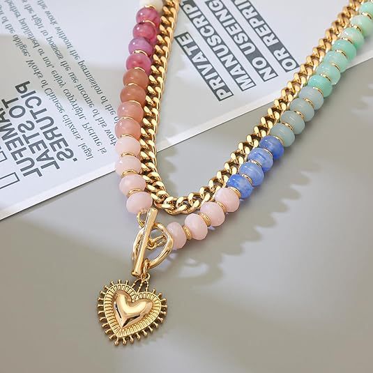 Rainbow Beaded & Gold Chain Heart Necklace
